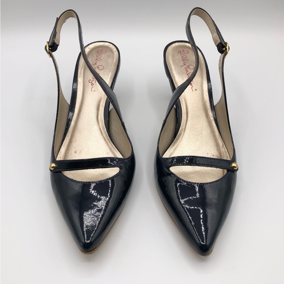 Lily Pulitzer Navy Patent Leather Pointed Toe Sling Back Kitten Heel Size 6.5 - Picture 6 of 8